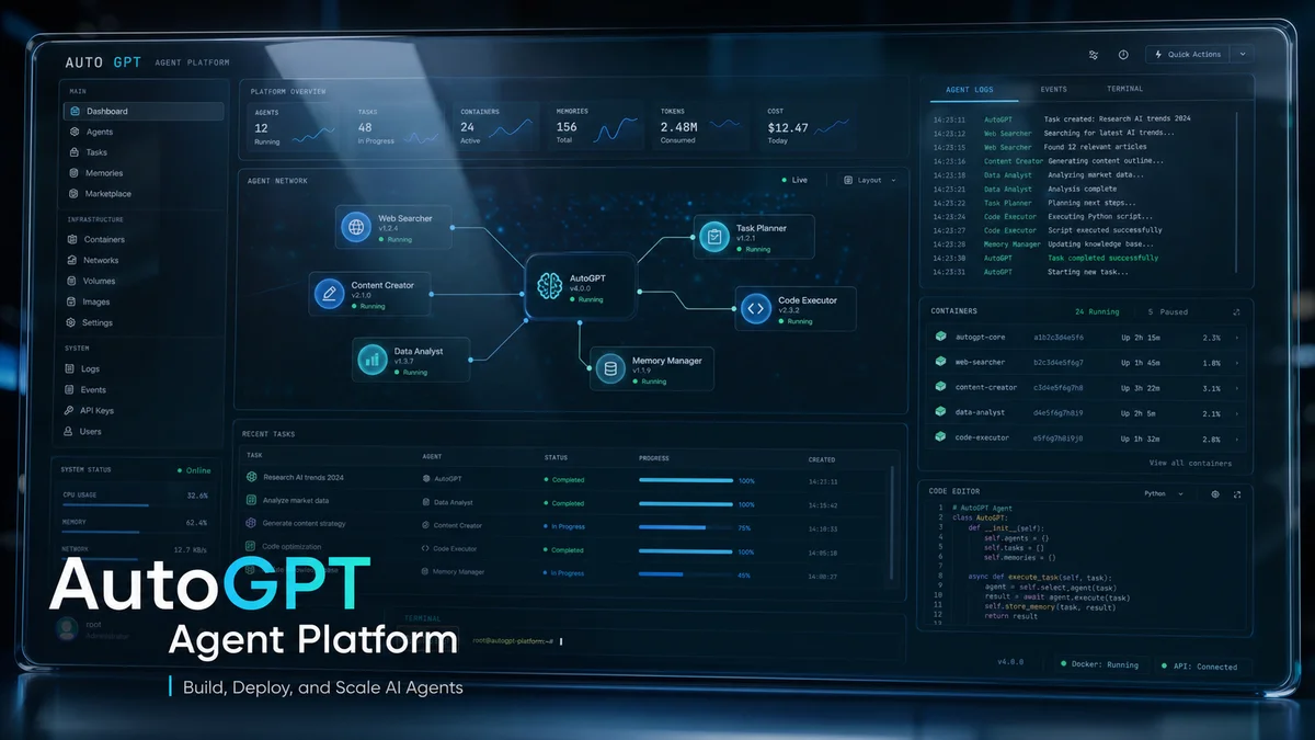 Dark glass terminal displaying an abstract AutoGPT agent platform UI