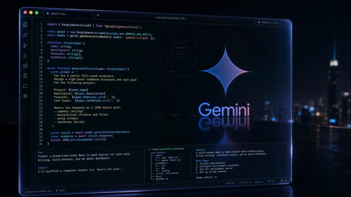 터미널에서 실행되는 Gemini CLI를 보여주는 다크 글래스 터미널 일러스트