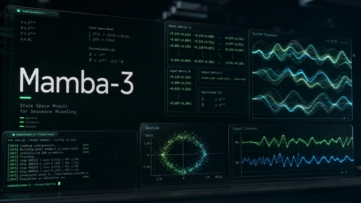 Mamba-3: 추론 중심 상태공간 모델을 상징하는 다크 글래스 터미널 스타일 이미지