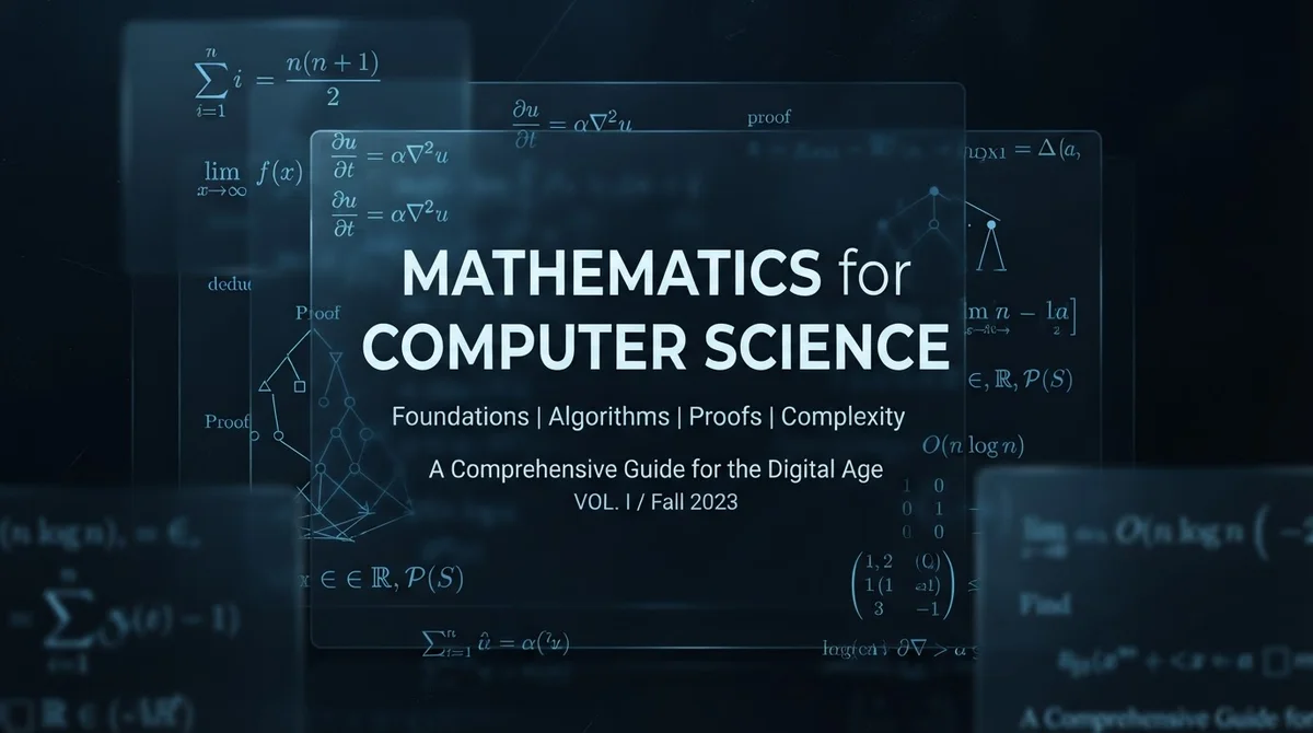Mathematics for Computer Science 교재를 상징하는 다층의 수학 노트 일러스트
