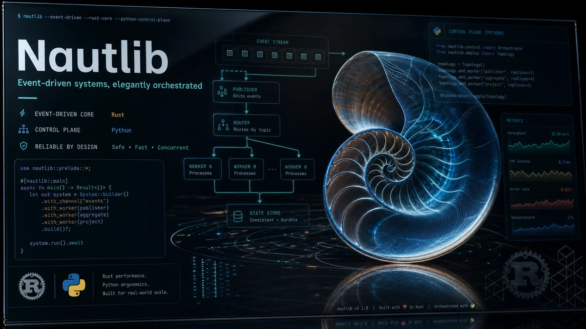 NautilusTrader 엔진을 상징하는 다크 글래스 터미널 이미지