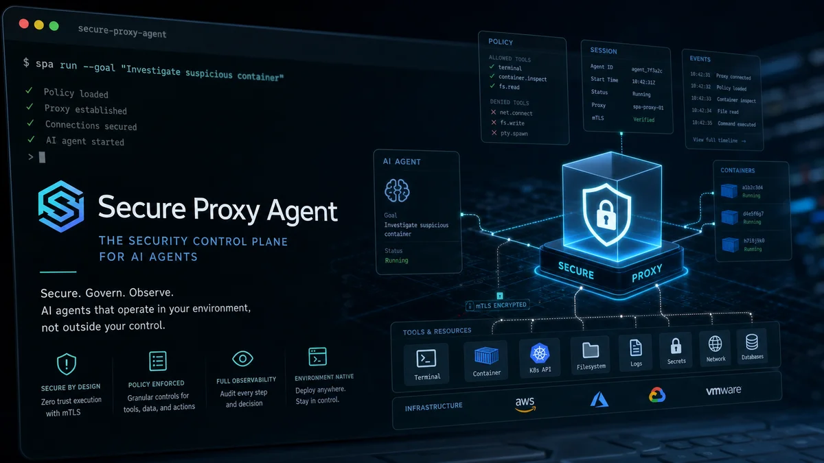 Valmis: secure AI agents — 컨테이너와 프록시를 강조한 다크 테마 터미널 스타일 이미지